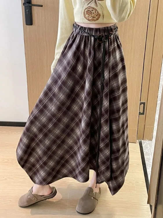 Retro Brued Plaid A-linie Rock frauen Herbst Winter Neue Hohe Taille Lose Lange Rock Mädchen Ci Spaziergang Polyester Faser