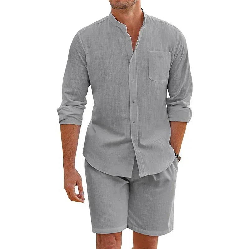 Men\'s 2 Pcs Sets Daily Casual Cotton Linen Outfits Vintage Stand Collar Button-up Shirts And Shorts Sets For Men Clothing Summer