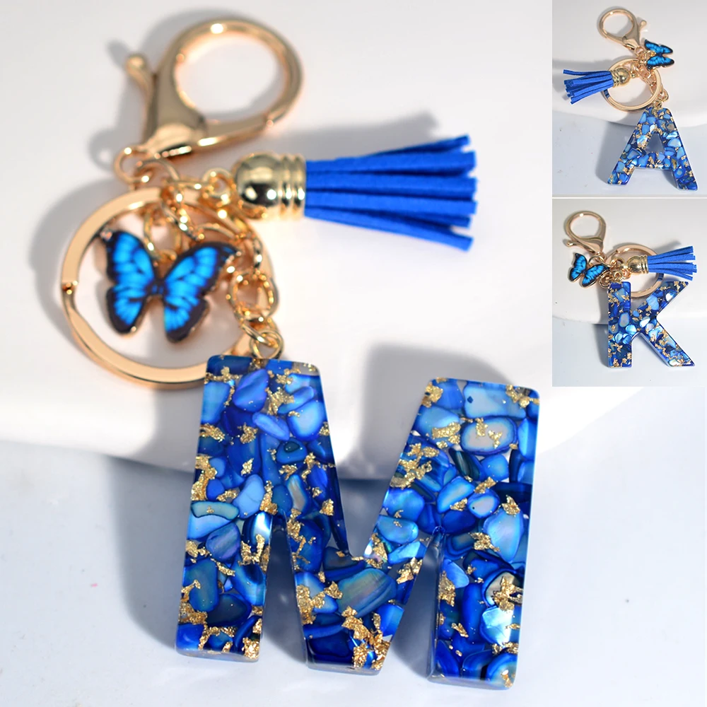 Exquisite Blue Glazed Stone A to Z Resin Keychain 26 Initials Butterfly Tassel Pendant Keyring for Women Men Car Key Holder Gift