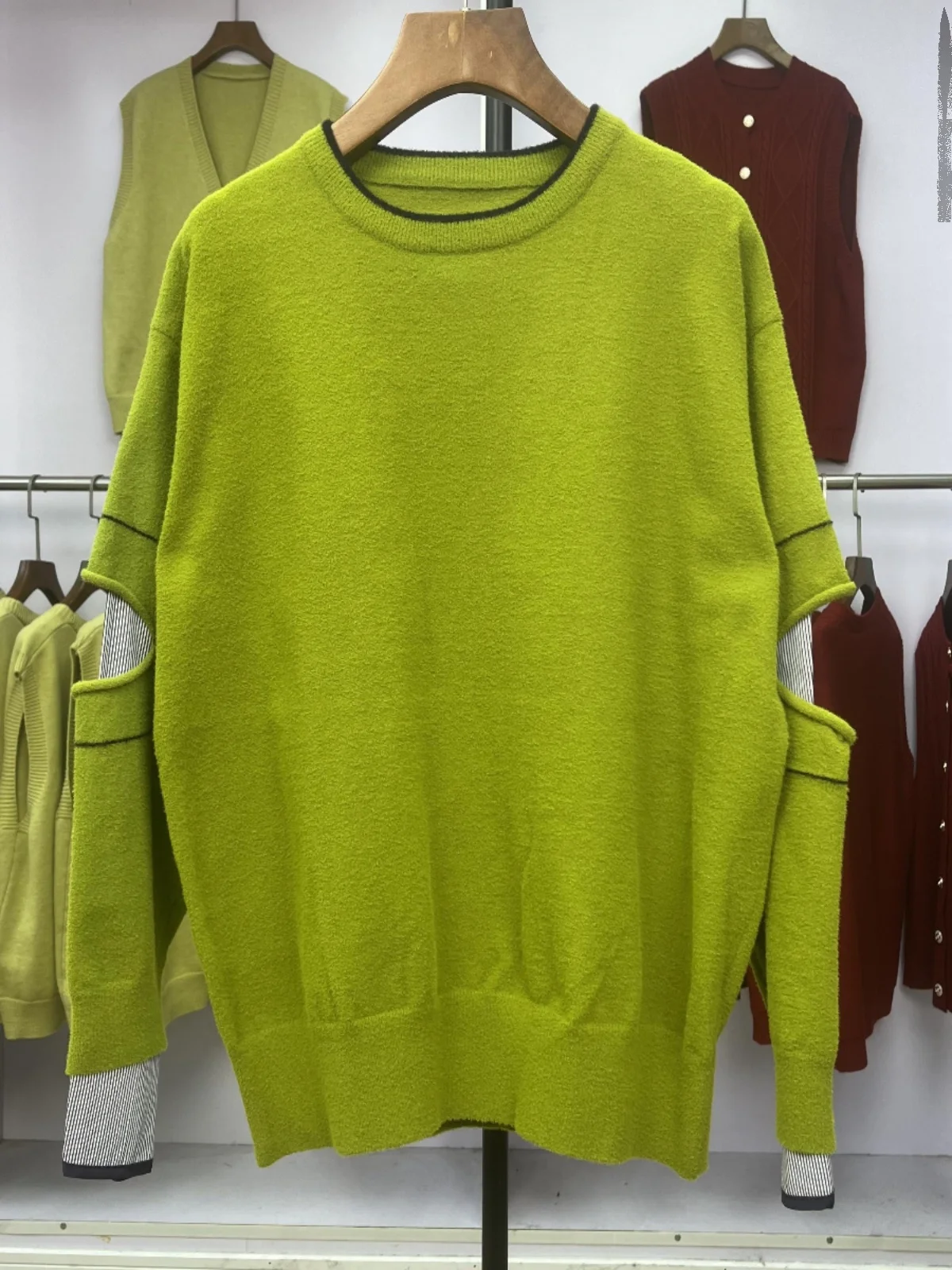 

Thiened Long Sve round Ne Pullover Sweater Casual Loose Sle Vintage Design Cact Size Fake Two-Piece Top for Women