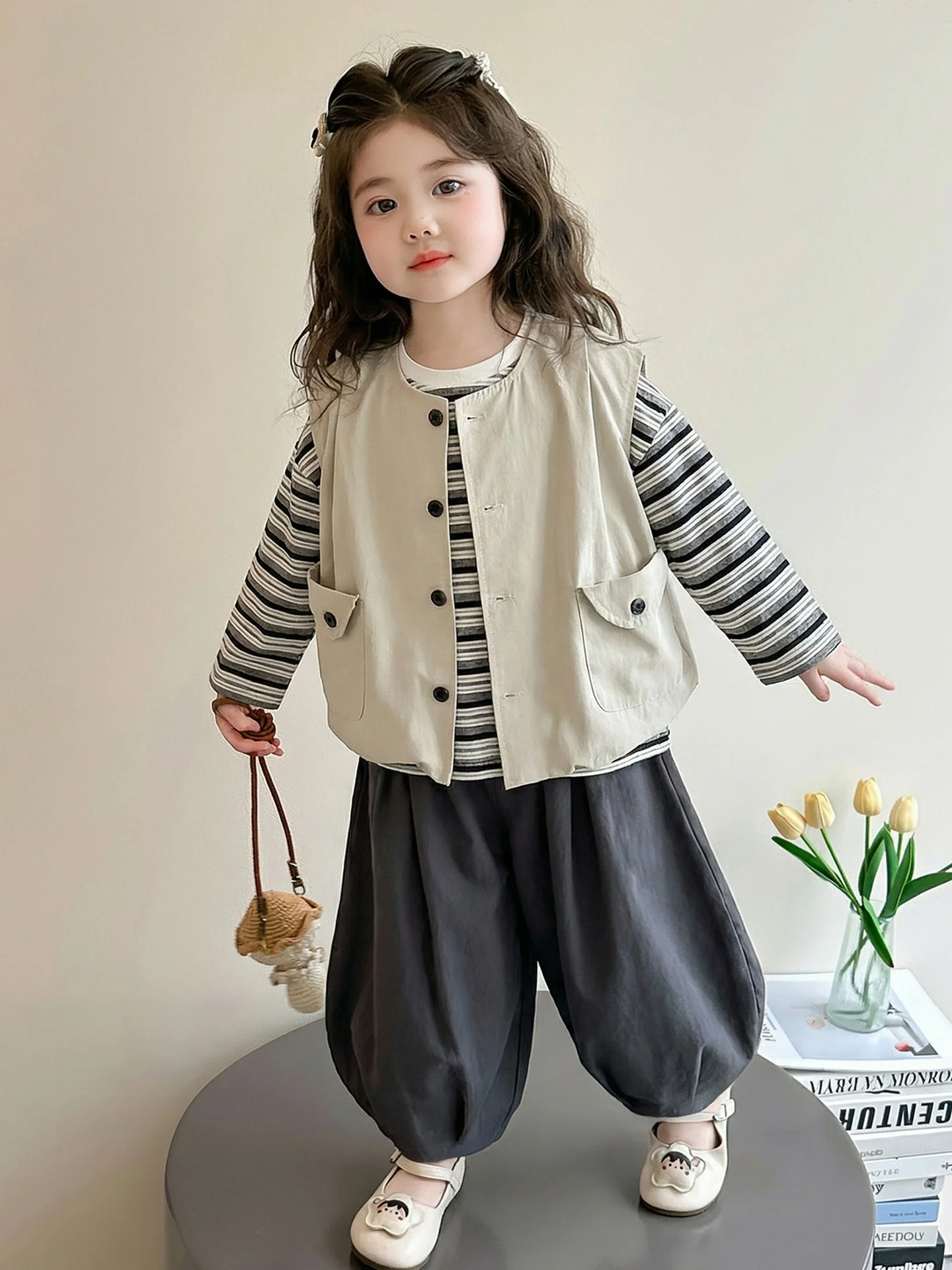 trendy-girls'-loose-casual-three-piece-vest-set-spring-autumn-wear-comfortable-breathable-machine-washable-lightweight-clothing