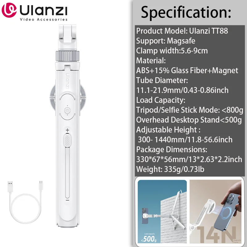 Ulanzi TT88 1.44M Overhead Selfie Stick Telefoon Statief met Magnetische Klem Draadloze Afstandsbediening Uitbreiding Statief voor LiveStreaming Vlog - afbeelding 1