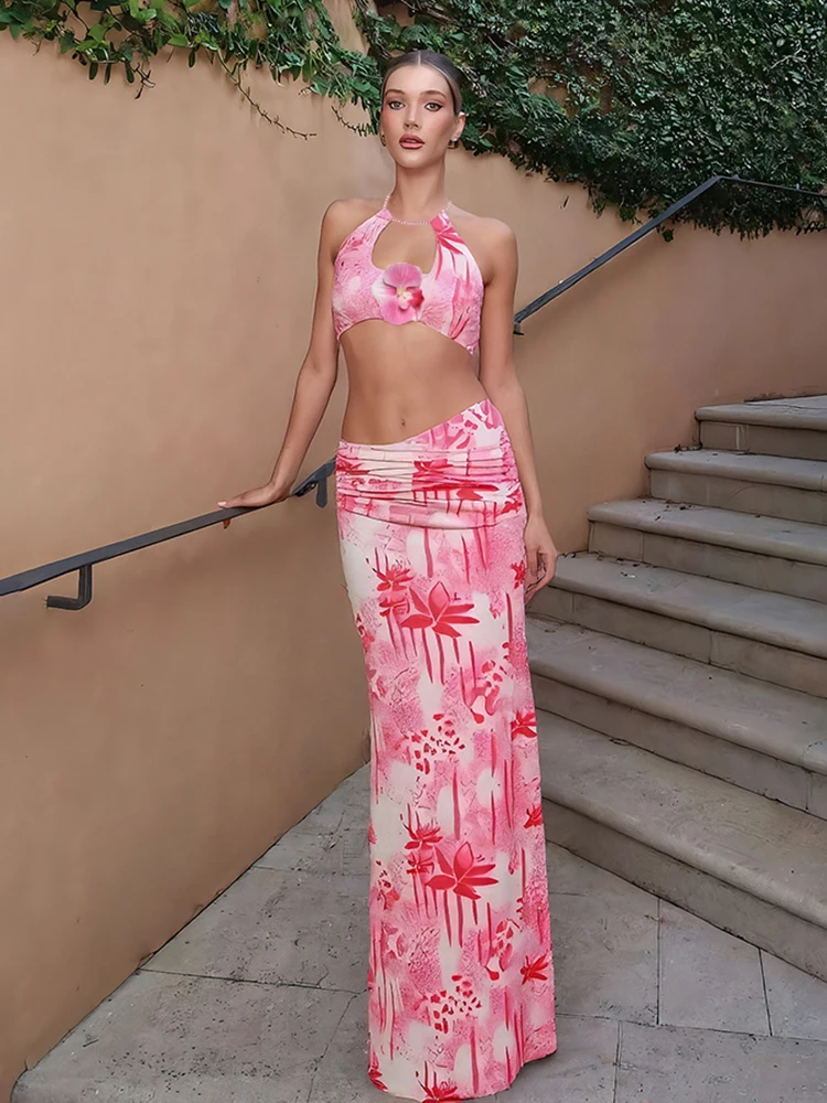 

Insglas Beach Style Patchwork 2 Piece Set Women Pearls Necklace Halter Applique Crop Tops+Skinny Skirts Vacation Fashion Suit