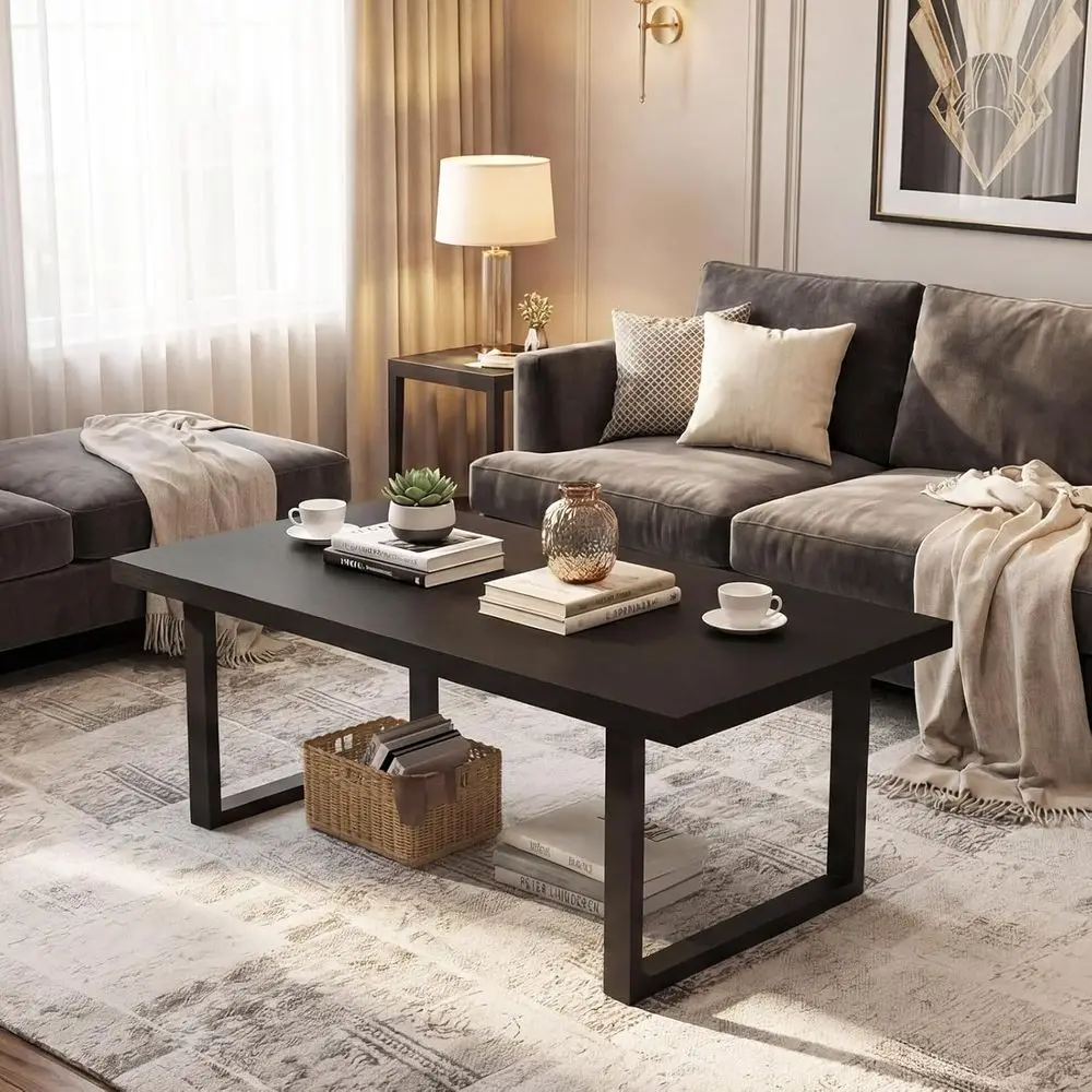 

Black Industrial Minimalist Rectangle Center Table, Simple Wood Metal for Living Room, Black Oak, 39 Inch
