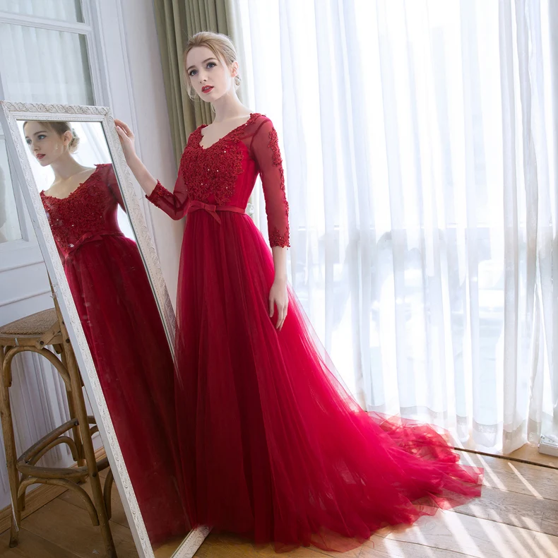 Wine Red Autumn and Winter New Wedding Dress Long Slim-Fit Party Banquet Evening Tail