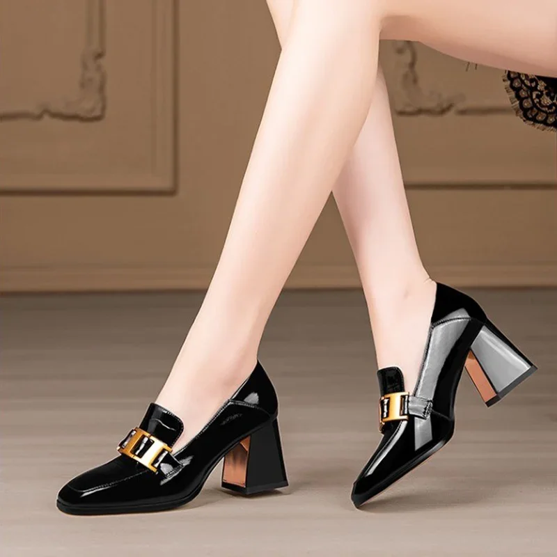 Luxury High Heels Shoes Women Chunky Square Toe Shoes 2024 Summer Fashion Dress Shallow Shoes Elegant Zapatos Para Mujer Pumps