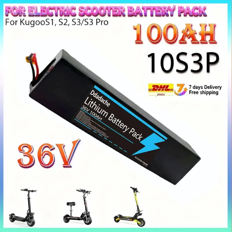 36V 10S3P 100Ah 18650 Akku 500W mit integriertem BMS, wiederaufladbarer Lithium-Ionen-Akku für KUGOO S1 S2 S3 Elektroroller XT60 XT30
