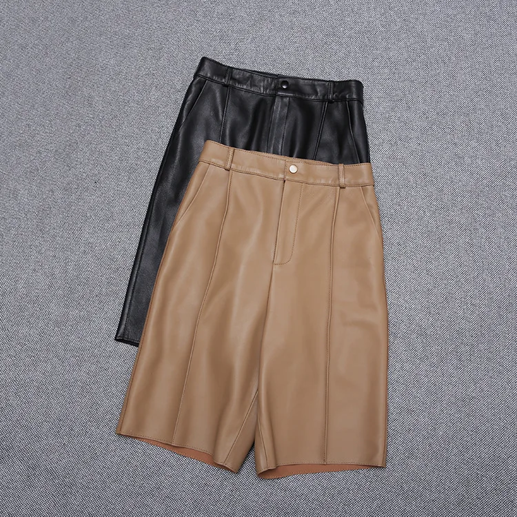 2023 New Spring Leather Shorts Factory Direct Leather Sheep Shorts Women Fashion Straight Suit Shorts E6