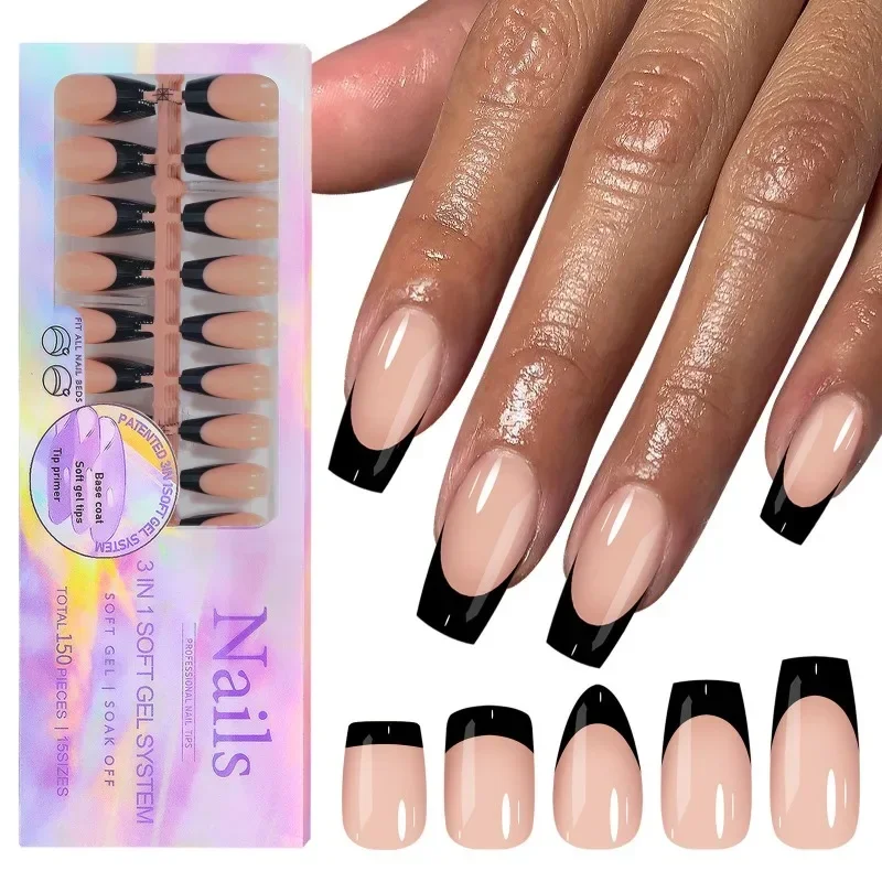 150/Boxed French Gel Tips Press On Nails Black Coffee Almond 15 Sizes Pre-applied Fake For Manicure Extension