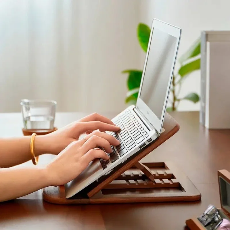 Wooden Laptop Stand with Cooling Vents, Adjustable Foldable Desktop Riser and Multi-Purpose Book Holder for Home Office Use