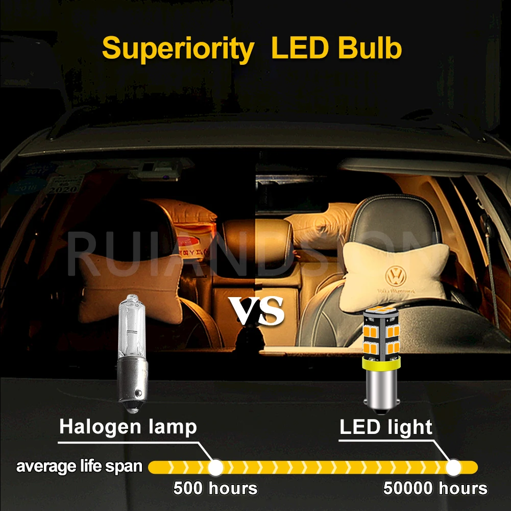 Ruiandsion 2Pcs BA9S BAX9S BAY9S BAW9S LED Indicator Light 12V Yellow 2835 Chip For Car Interior Dome Reading Trunk Light 800LM