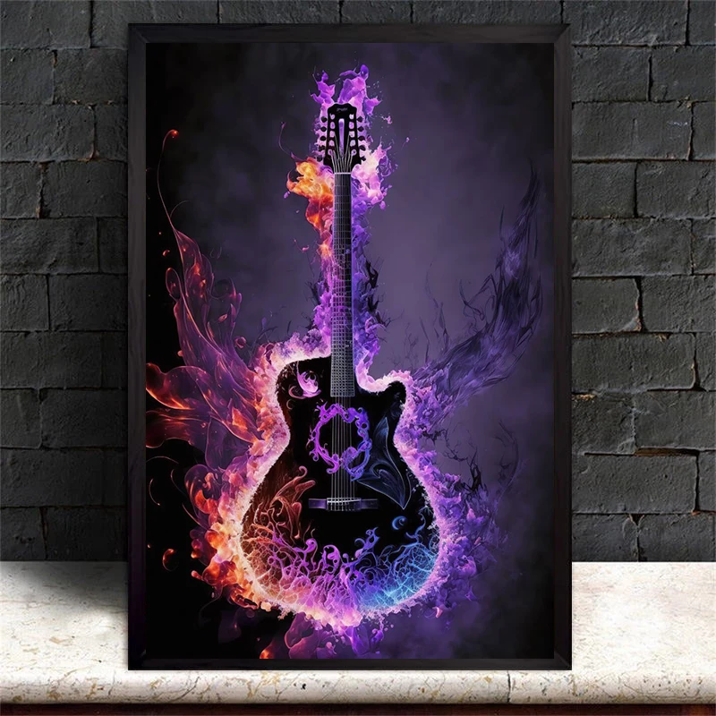 Guitar Fire Posters Electric Guitar Neon Guitar Canvas Painting HD Print Abstract Wall Art Pictures for Living Room Home Decor