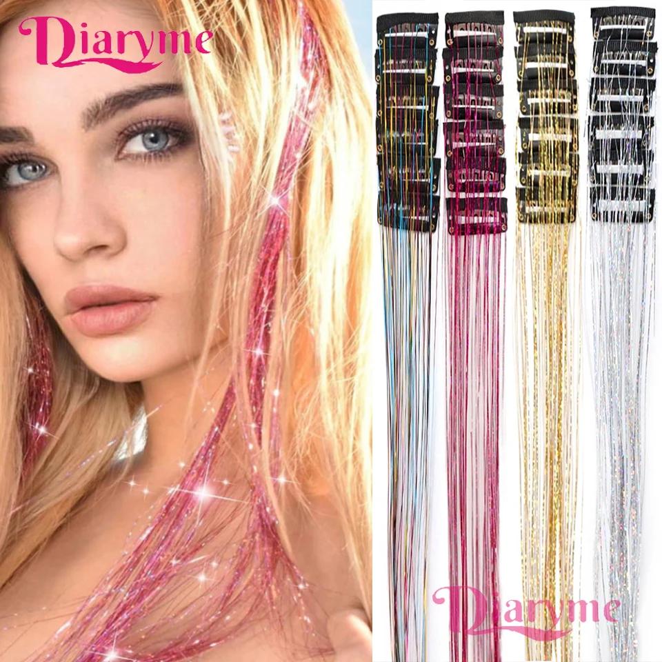 

12Pcs Hair Tinsel Clip In Fashion Glitter Tinsel Synthetic Straight Hair Extensions Clip In Hair Tinsel Kit Heat Resistant Shiny