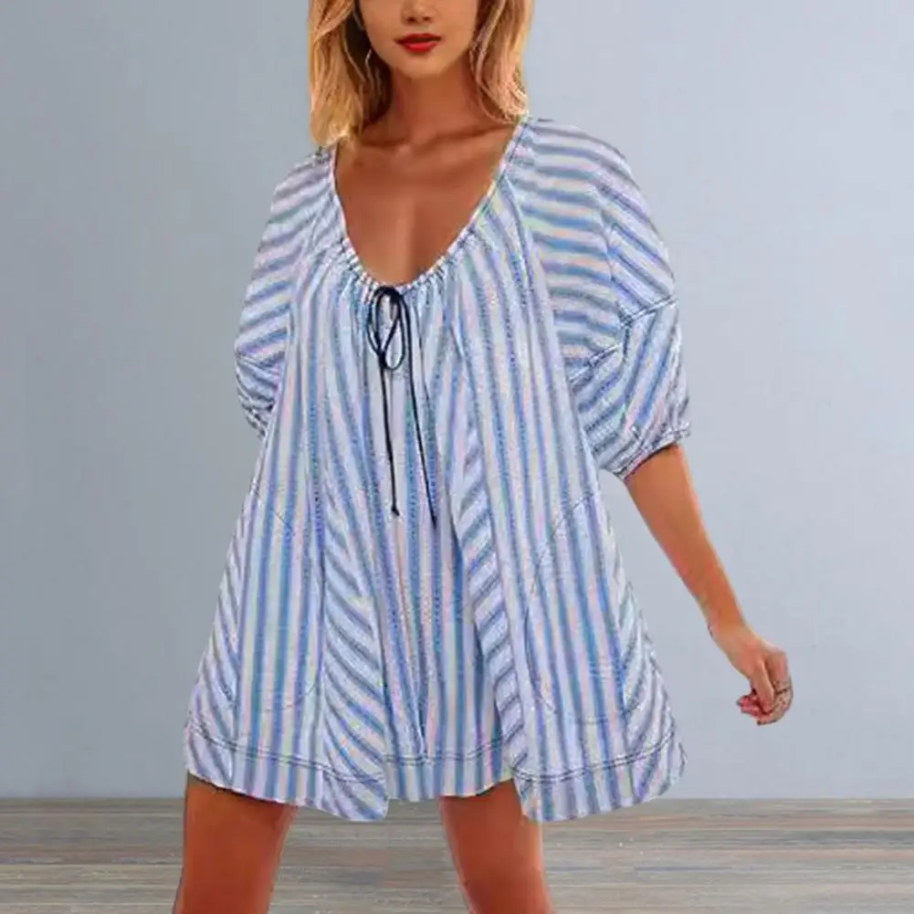 Summer Romper Stylish Striped Print Patchwork Romper Oversized Low-cut V Neck A-line Design for Women for Beach or Summer