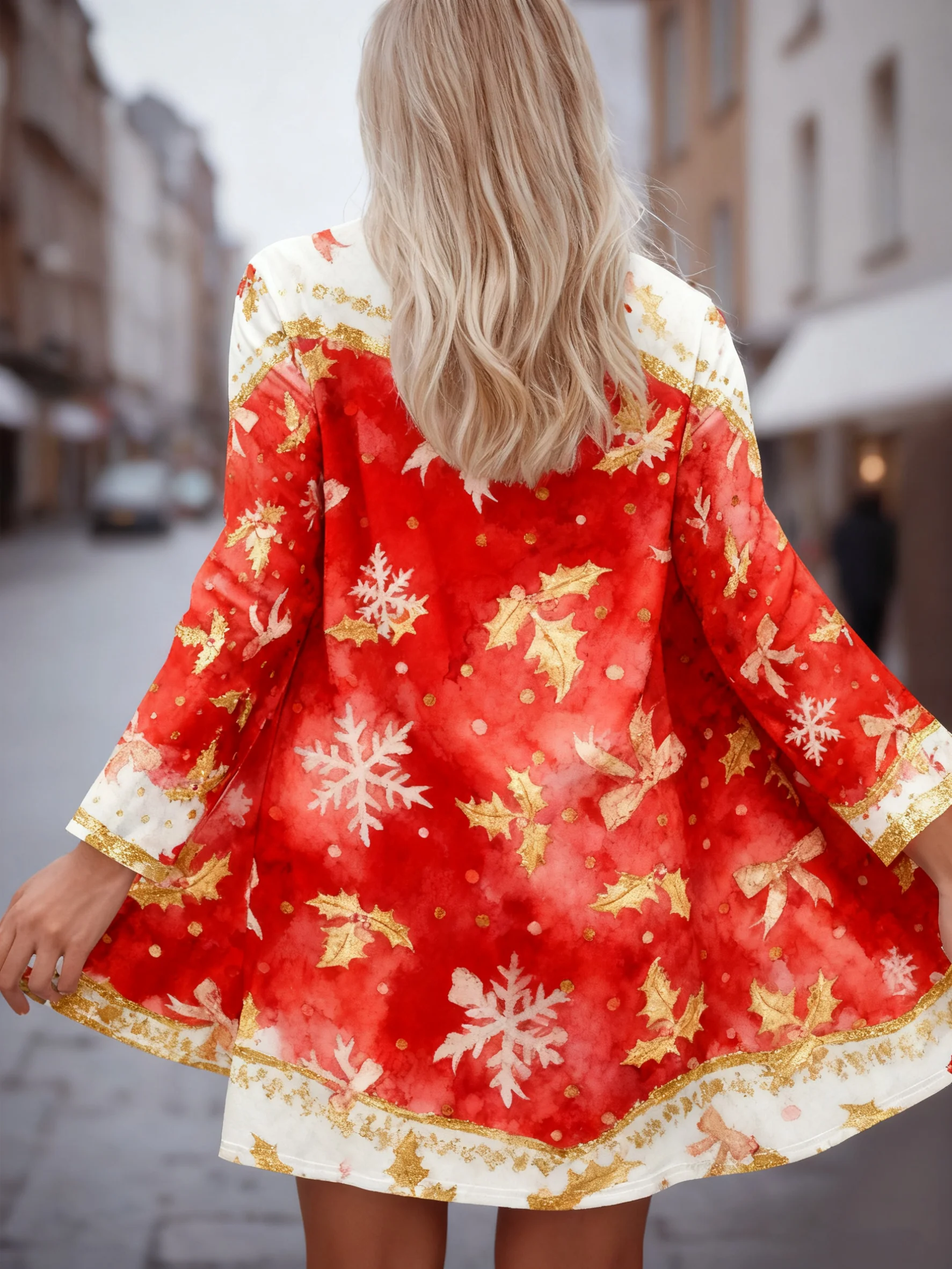

2025 Christmas Women's Coat 3D Printed Red Snowflake Long Sleeve T-shirt Casual Lightweight Cardigan Christmas Partywear Spring