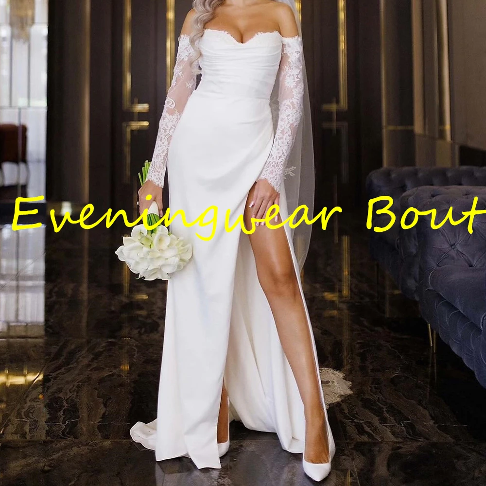 Aangepaste elegante rechte vloerlengte strapless afneembare mouw jersey kanten avondjurk klassieke vestidos para mujer