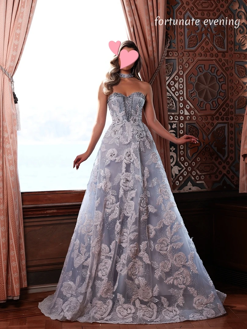 

Fortunate Evening Elegant Vintage Sweet Blue Flowers Crystal Princess Customized Formal Occasion Prom Dress Evening Party Gowns