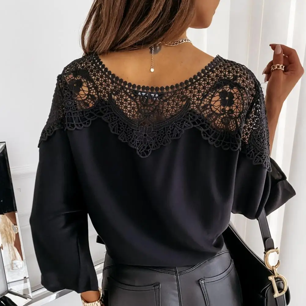 New Crochet Embroidery Lace Blouses Lace Blouse Three Quarter Sleeve Lace Stitching Lace Up Loose OL Elegant Ladies Tops Blusas