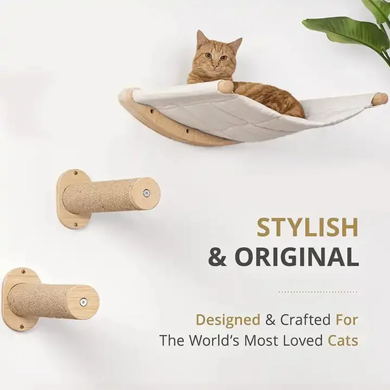 Pet Solid Wood Cat Climbing Frame Cat Hammock Wall Mount Wooden Cats Bed Kitten Sisal Ladder