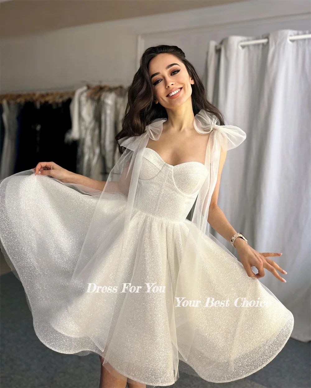 Giyu Shining Draped Wedding Dresses Bow Straps A-Line Sequins Sleeveless Bridal Gowns Sparkly Knee Length Bride Dress 2024