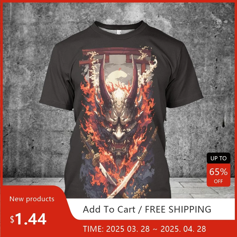 

Мужская футболка с принтом японского призрачного воина, повседневная футболка с круглым вырезом и короткими рукавами, трендовая уличная футболка в стиле хип-хоп, футболка большого размера