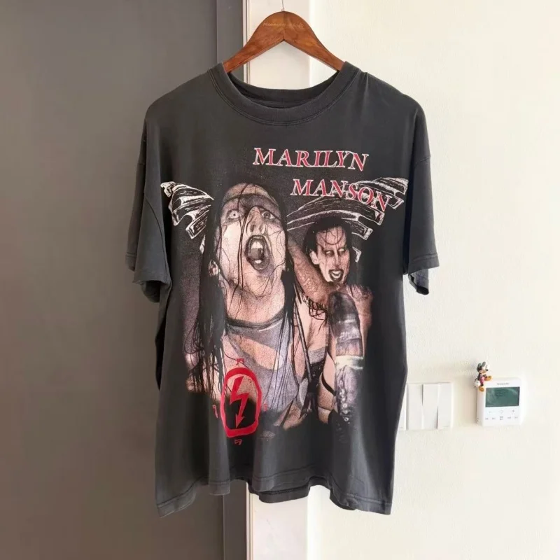 Marilyn Manson Graphic T Shirt Y2K Grunge Oversized Tees Men Dark Gothic Washed Cotton Short Sleeve Tops