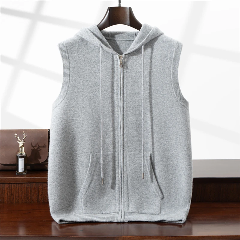 

New autumn winter men's vest 100% Merino wool knitted zipper hooded cardigan casual loose sleeveless hooded sweater solid color