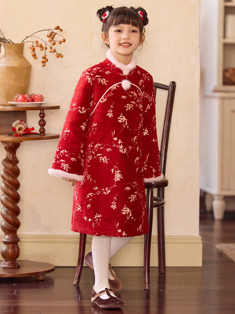 Girls Chinese New Year Dress | New Style Cotton Padded Cheongsam (Qipao) | Winter Velvet Toddler Holiday Party Outfit