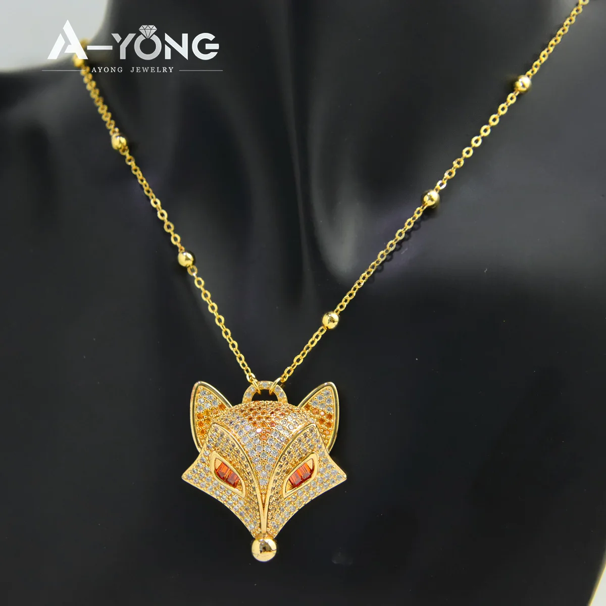 Luxus Dubai vergoldet Füchse Halskette 21k Gold Farbe italienischen Zirkon Mode Tiere Halsreifen Oman Frauen Event Party Schmuck – Detail 5