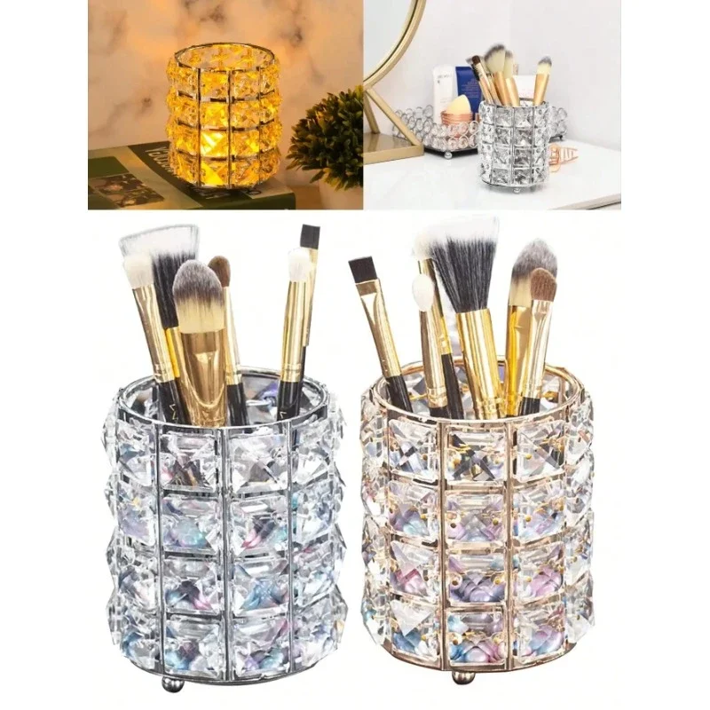 Organizzatore porta pennelli per trucco Contenitore per scatole di immagazzinaggio per matite con pennelli in oro personalizzato con cristalli dorati