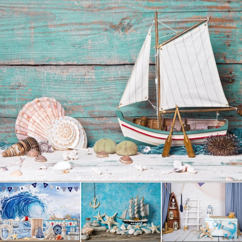 

Nautical Sailboat Backdrop Starfish Rudder Boat Wooden Board Sailor Baby Birthday Portrait Photography Background Photo Props