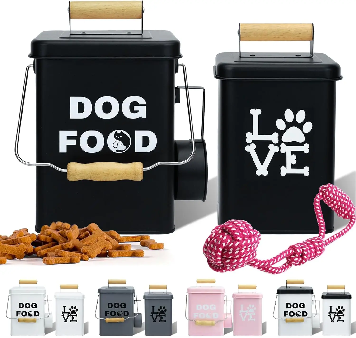 

2-Pack Dog Food Storage Containers with Airtight Lids & Scoop, Metal Canisters with Wooden Handles for Kitchen Counter, Black