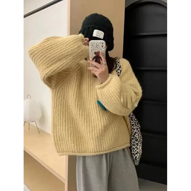 

Женский толстый вязаный свитер, ленивый стиль, толстая игла, зимняя мода, корейский стиль, однотонный пуловер с круглым вырезом, полиэфирное волокно