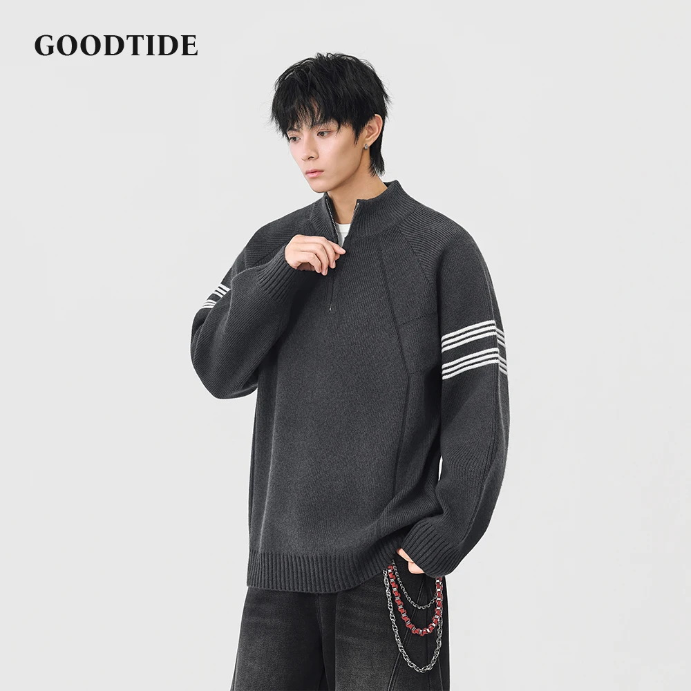 Fashion Men's Casual Half Zip Mock Neck Sweater 2025 Winter New Stripe on Sleeve Raglan Sleeve Knitted Pullover Soft Jumper Top