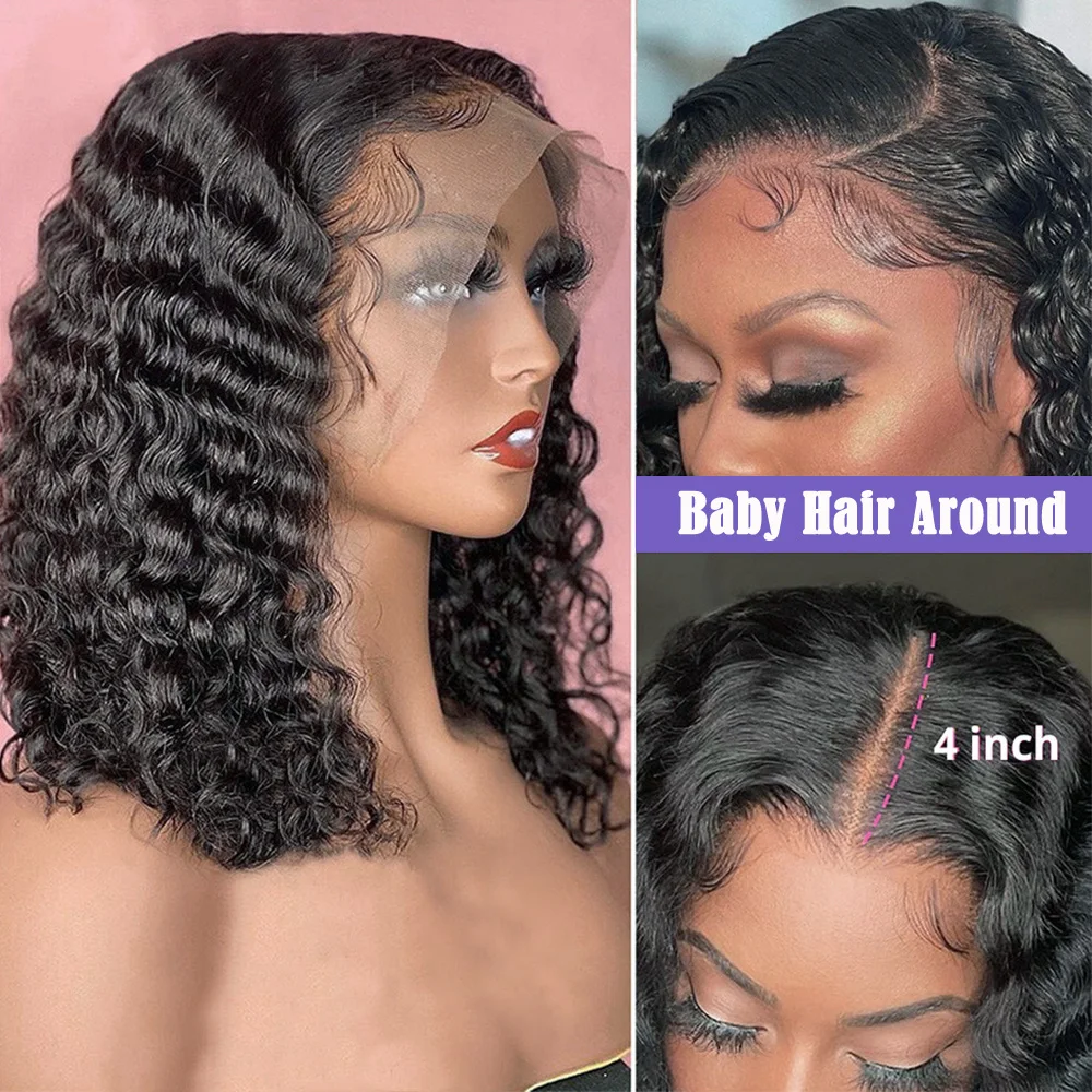 Deep Curly Short Bob Wig Human Hair 180 Density 13x4 Lace Front Wigs for Women Pre Plucked Deep Wave T Lace Wigs Natural Black