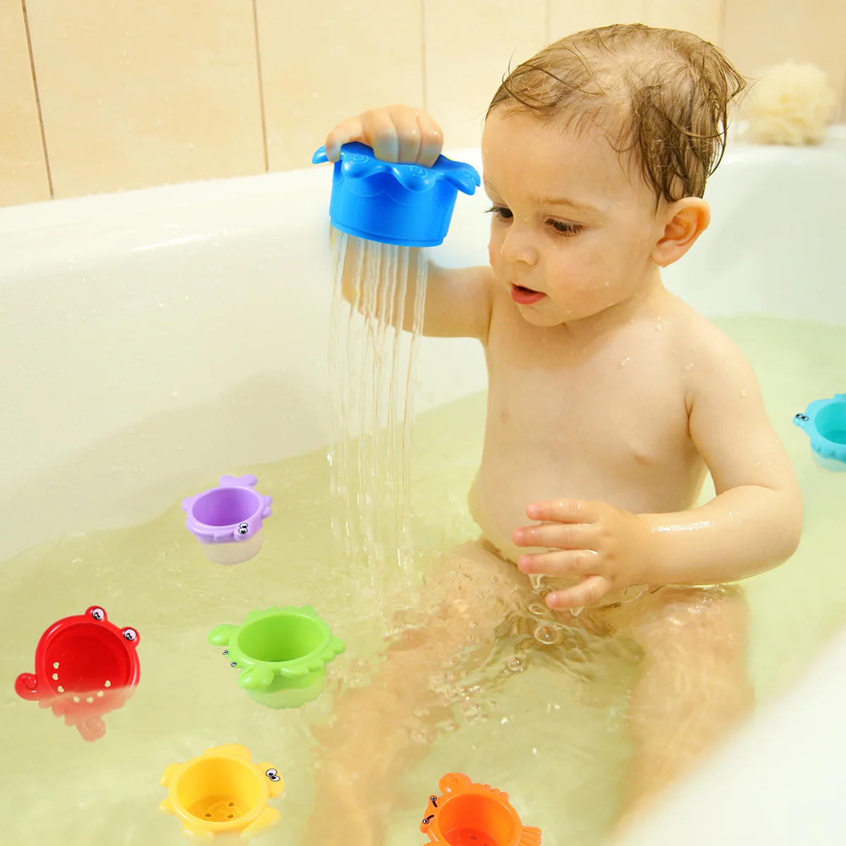 Tasses empilables, jouets de bain, 6 pièces, conception d'animaux de mer flottants pour les tout-petits, jouet éducatif amusant, Coordination œil-main sûre