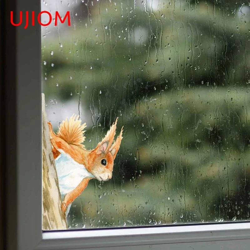 UJIOM 13cm X 8cm Peeping Squirrel Wall Woodland Stickers Cartoon Animal Windows Side Decal DIY Kitchen Decor Occlusion Scratch