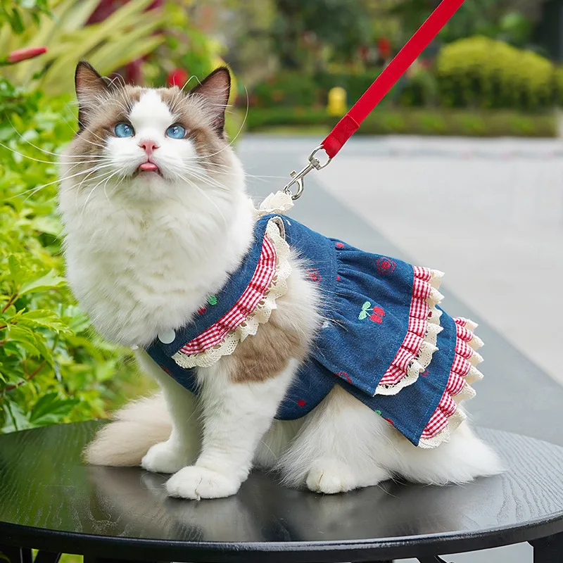 Conjunto arnés y vestido vaquero con correa para perros y gatos - imagen 2