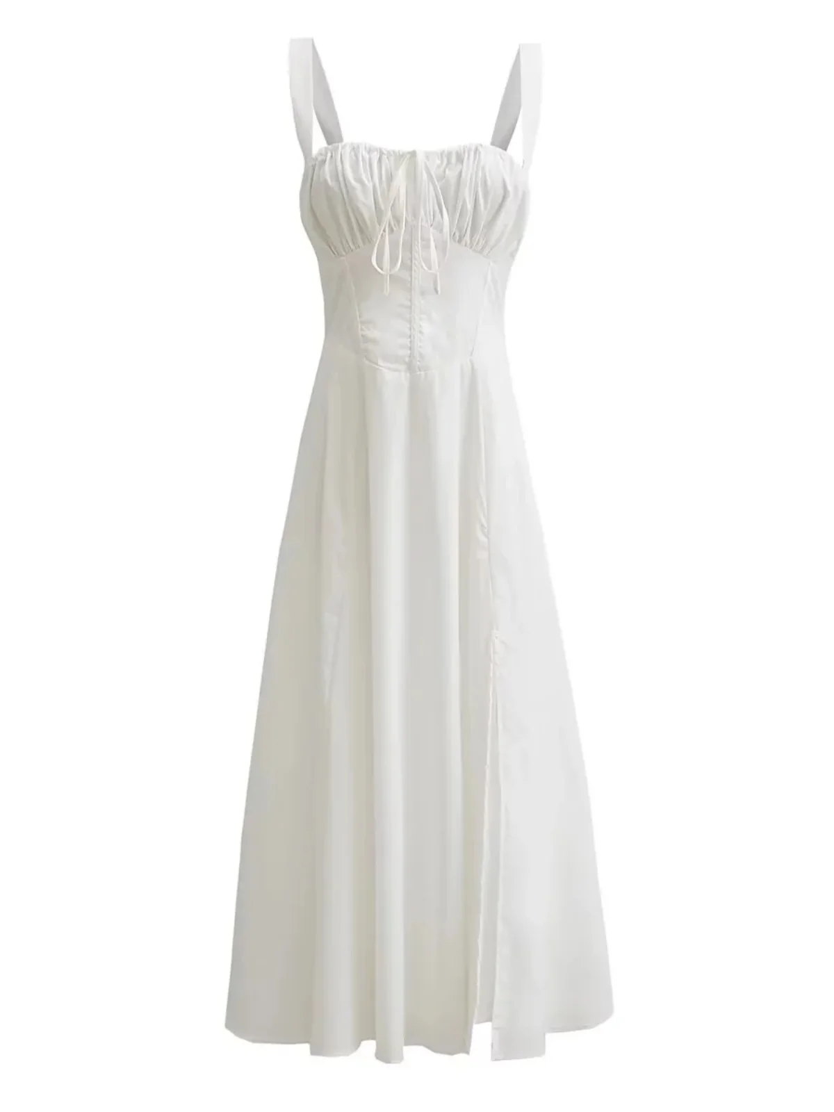 White Women's Dress Necktie Low Chest Mid-Length Slimming Split Strap Dress Drawstring Waist Slimming Effect Summer Commute