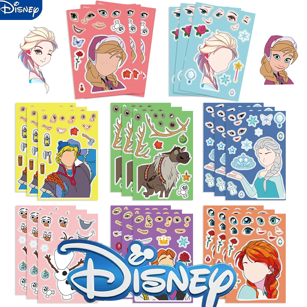 8Pcs Disney Movie Frozen Make a Face Stickers Cartoon Decal Skateboard Laptop Motorcycle Kawaii Cartoon Sticker Pack Kids Toy