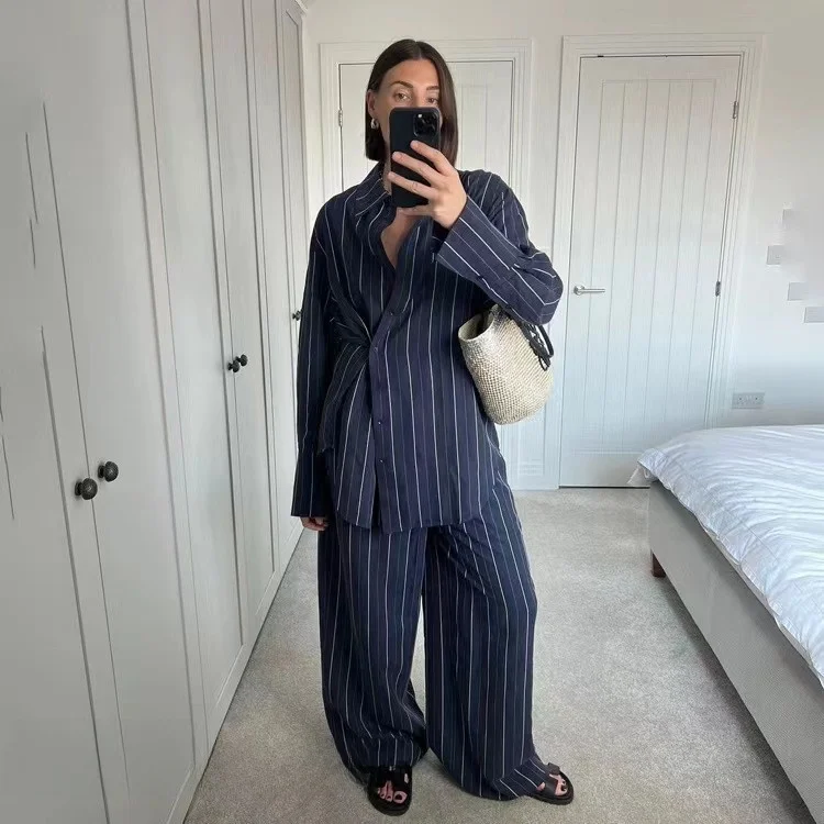 

Casual Striped irt Wide Leg Pants Set Loose Fit Faion Ensemble for Women Autumn 2023 Collection