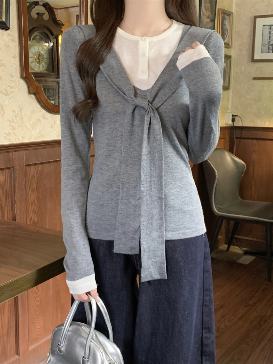 

Gray Oversize Women's Commute Versatile Design Waist-Cinching Long Sleeve T-Shirt Autumn Top Shoulder Wrap Fake Two-Piece
