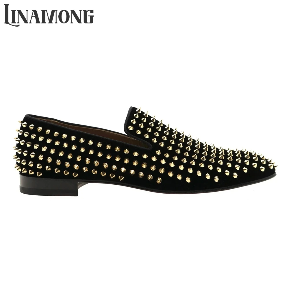 Gold Spikes Loafers Black Velvet Dress Shoes Designer Style Slip-On Punk Leather Shoes Handmade Classic Rivet Leather Men Shoes