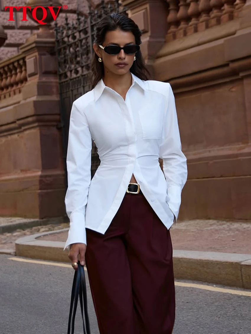 

TTQV Fashion Slim White Women's Shirt 2026 Bodycon Lapel Long Sleeve Lady Shirts Elegant Classic Solid Top Female Clothing