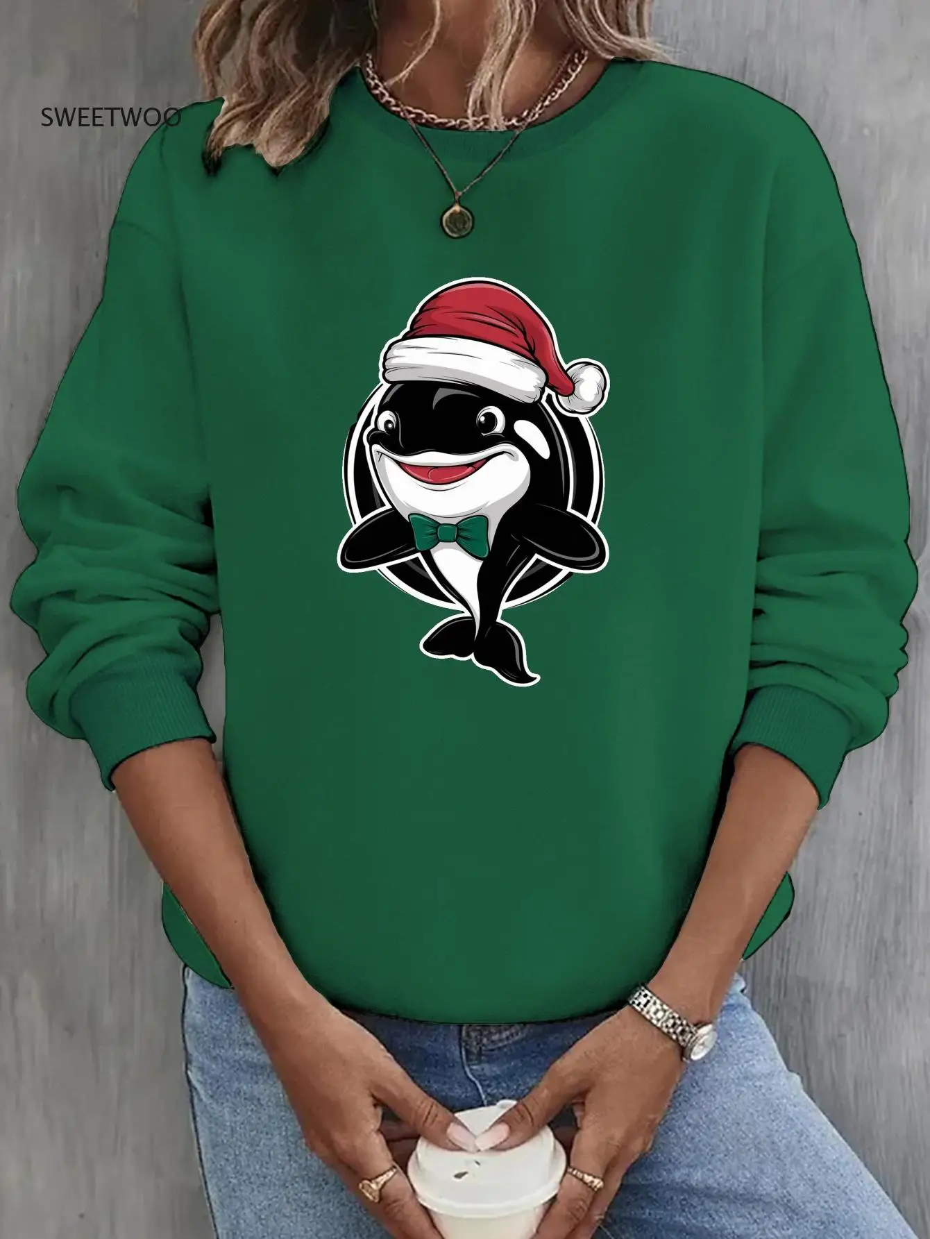 

1Pc Women's Casual Crew Neck Sweatshirt with Orca Whale Graphic Print, Polyester, Geometric Pattern, for Fall & Spring