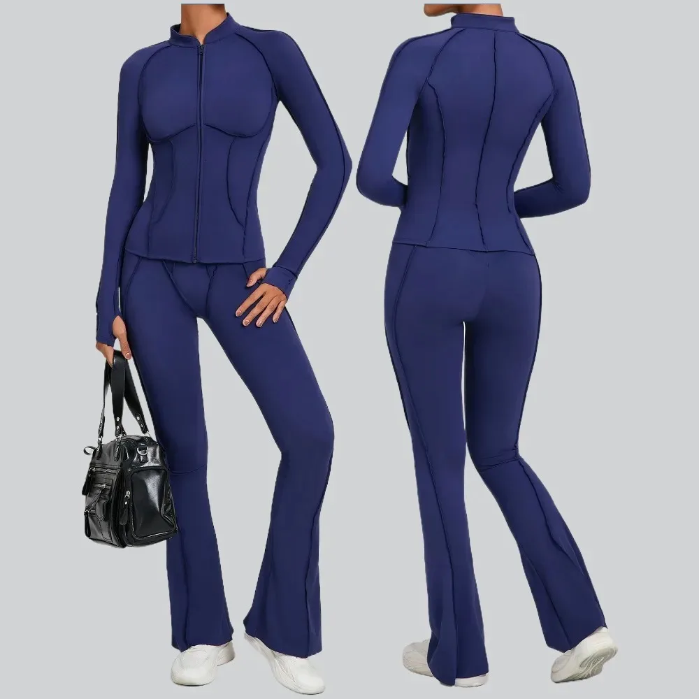 New Gym Yoga Outfit for Women Zipper Long Sleeve Fitness Suit Daily Casual Running Fitness Sportswear Two-Piece Sets Coat+Pants - Image 3