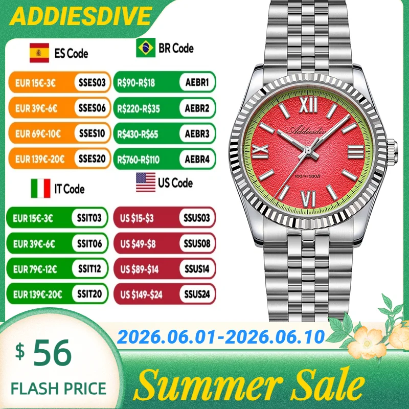 

ADDIESDIVE 36mm 100m Waterproof Watches Stainless Steel Ladies Wristwatches Sapphire Glass Super Luminous Watches Luxury Watch