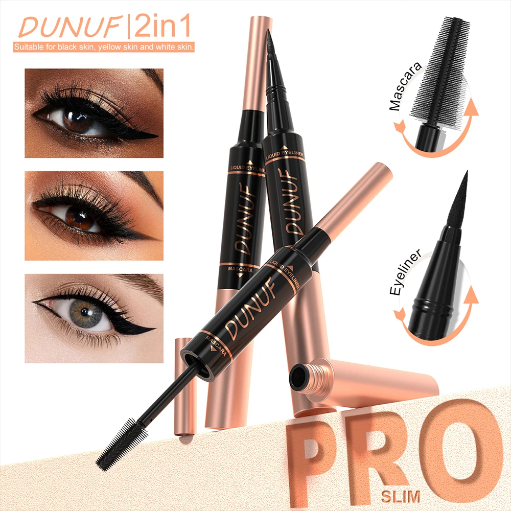 DUNUF ماسكارا مفردة + محدد عيون 2 في 1 محدد عيون طويل الأمد مقاوم للماء ومقاوم للعرق مع تجعيد طويل وحجم