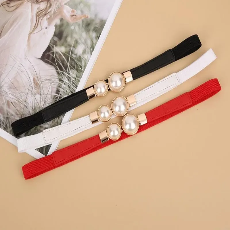 Elegant Retro Charm Slender Waist Belt for Dress Pearl Double Buckle Cinch Waist Accessory