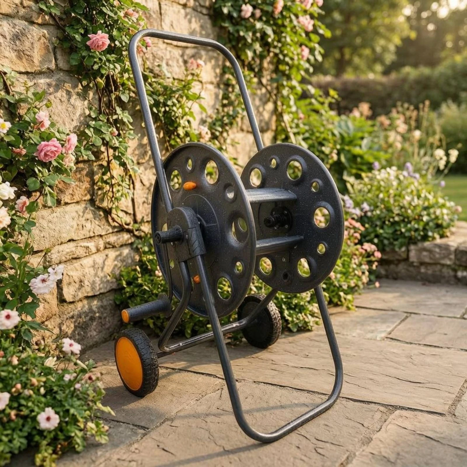 

Metal Hose Reel Trolley Black Frame Hose Storage Reel Trolley Orange Accents Watering Use for Car Washing